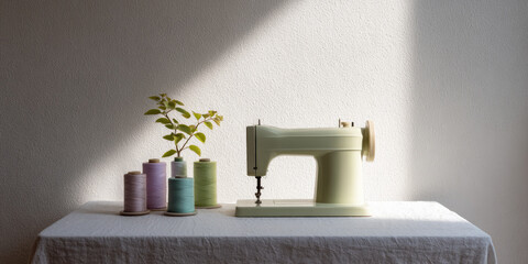 A vintage sewing machine sits on a table with spools of thread and a small plant nearby, illuminated by soft light. Concept: Vintage crafting and creativity