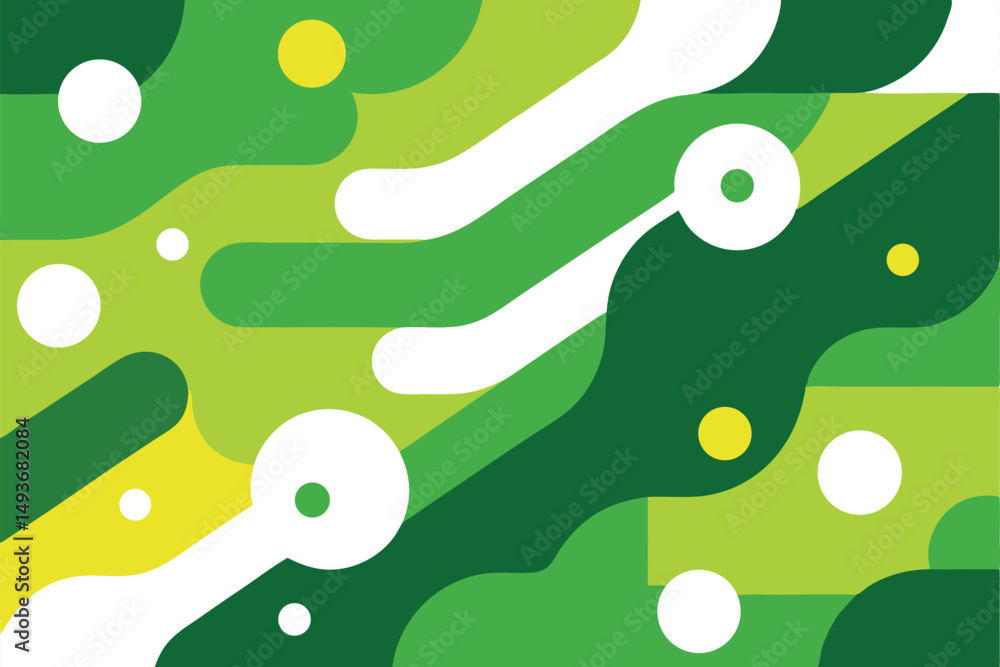 Poster abstract green landscape with overlapping shapes and white circles on transparency