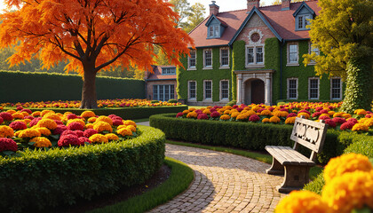 A grand English garden in early autumn adorned with golden and burgundy chrysanthemums, classic Victorian townhouse backdrop.  For holidays and travel, tourist advertising