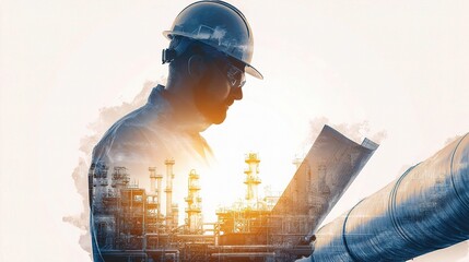 Double Exposure of Industrial Engineer in Hard Hat Analyzing Plans