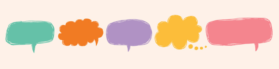 Crayon speech bubbles cloud doodle set. Chalk grunge texture communication text boxes, comic talk balloon in sketch style. Hand drawn colorful vector balloon speak sign dialog communication frames