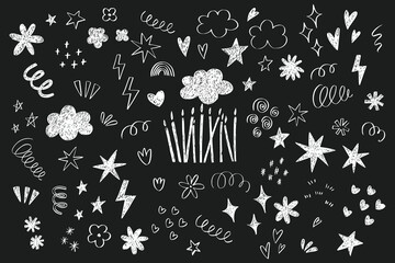 Set of grunge naive emo doodle elements. Handwriting hearts, stars, sparkle, movement and motion expressions. Crayon pencil scribbles. Happy Birthday cute element