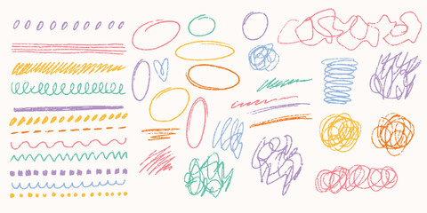 Grunge lines, scrawls, crayon scribbles, rough brush strokes, and charcoal pen marks. Doodle freehand shapes with underlines, strikethroughs, crosses, and curves. A dynamic vector illustration