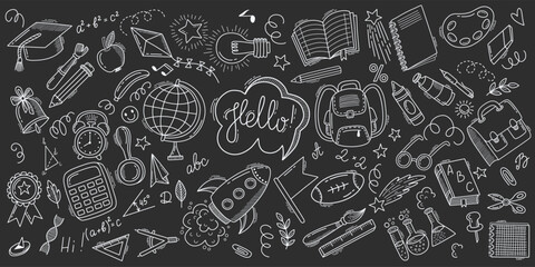 Back to school doodles with school supplies and elements drawn. Hand-drawn vector illustrations, including a large set of school items and doodle lettering. Kids-style ink icons for education concept