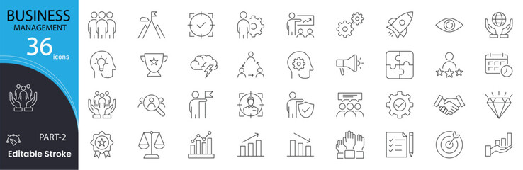 Business Management icon set. Leadership and organization related line icons .strategy, planning, team, goal, meeting, project, growth, decision, workflow, and analysis . Editable stroke.