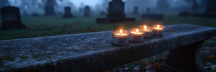 Cemetery candles with misty dawn.