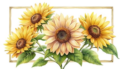 Naklejka premium Watercolor Sunflowers Arranged in a Rectangular Frame with Green Leaves and Stems