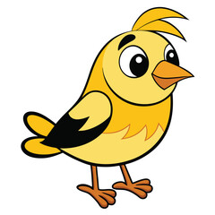Cheerful yellow cartoon bird with distinct black outline is standing with slight forward lean