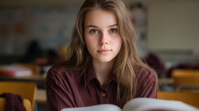 Student Girl with Curly Hair in Buttoned Maroon Uniform Reading a Book in a Classroom Environment