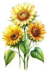 Obraz premium Watercolor Painting of Three Sunflowers with Green Leaves on White Background