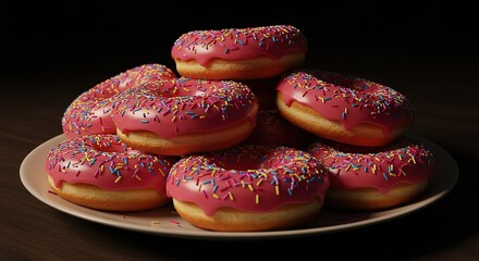A plate of pink donuts with sprinkles stacked high up