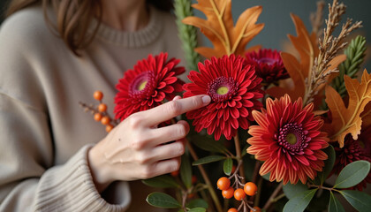Young woman gently adjusting fiery red chrysanthemums in a rich autumn bouquet, celebrating the beauty of nature and seasonal change.