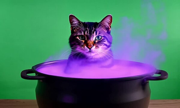 Cat sitting in cauldron with purple magical smoke on chromakey background