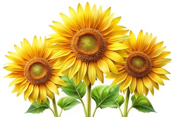 Obraz premium Three bright sunflowers with vibrant petals and lush green leaves arrangement
