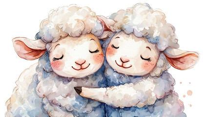 a heartwarming watercolor illustration depicts two adorable lambs embracing in a tender hug.