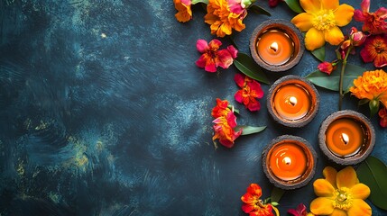 Colorful floral arrangement with burning candles on a dark background.
