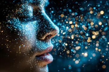 Introspective woman in a thoughtful pose, illuminated by a cosmic glow, reflecting on deep ideas and inspiration.