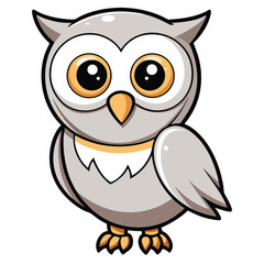 Cute gray owl features big eyes, small orange beak and detailed claws while standing