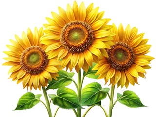 Obraz premium Three beautiful sunflowers in full bloom with bright yellow petals against white