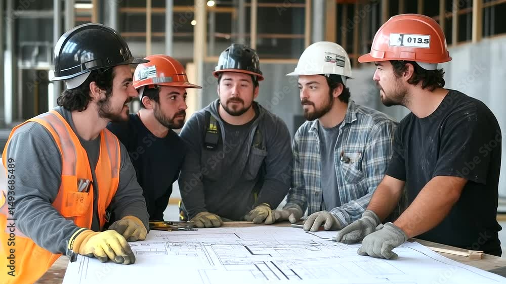 Poster smiling construction team gathered around architectural blueprints spread on table, surrounded by un