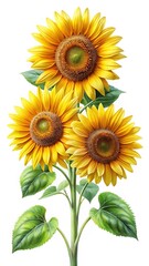 Fototapeta premium A vibrant trio of sunflowers in full bloom, painted with exceptional detail