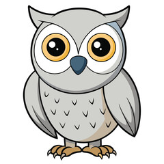 Gray owl with yellow eyes stands looking directly forward on a white backdrop