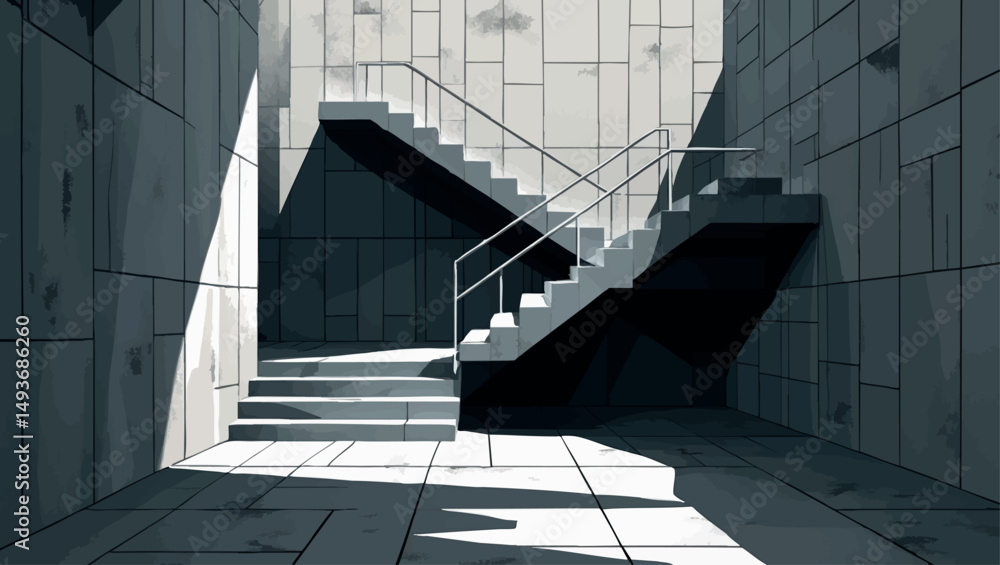 Poster abstract brutalist stairs. vector minimalist design with hard angles and deep structural shadows.
