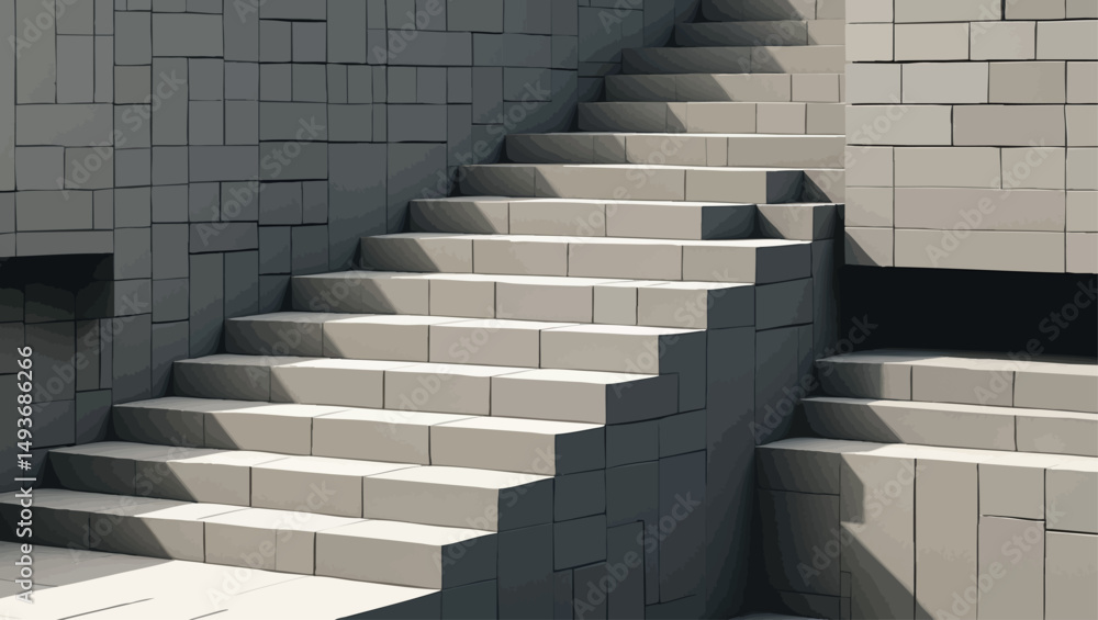 Aufkleber block stairs and shadows. brutalist minimal vector with modular rectangles and deep tonal contrast.