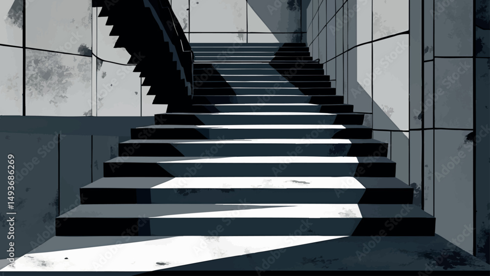 Poster abstract brutalist stairs. vector minimalist design with hard angles and deep structural shadows.