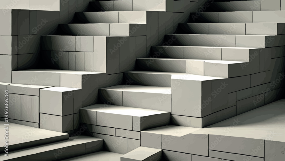 Aufkleber block stairs and shadows. brutalist minimal vector with modular rectangles and deep tonal contrast.