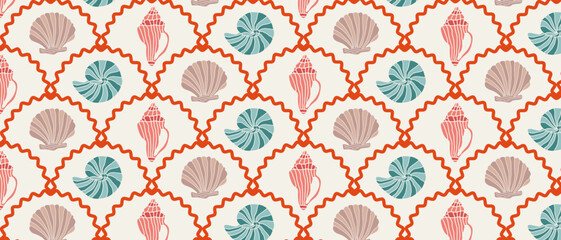 Summer geometric pattern with shells. Marine retro background with shells in cells.
