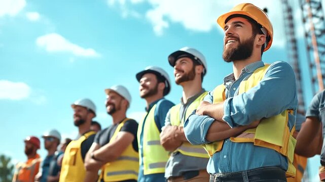 Happy site workers with tool belts, blueprints, and measuring tapes gather around site manager giving cheerful pep talk