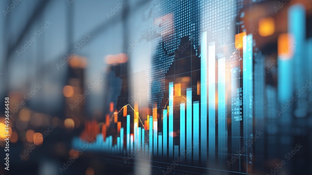 Poster abstract finance dashboard with layered bar charts and data visuals