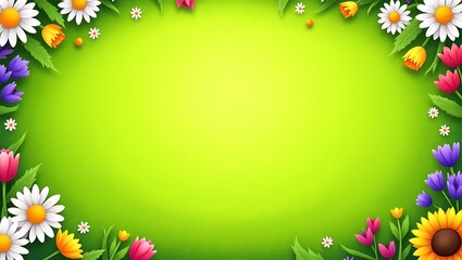 Fototapeta premium A vibrant and colorful floral border featuring various spring flowers including sunflowers, daisies, tulips, and more, arranged around a smooth green gradient background. Generative Ai.
