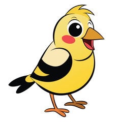 Cheerful cartoon yellow bird with rosy cheeks and black stripe is smiling happily