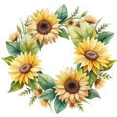 Watercolor sunflower wreath with vibrant yellow petals and green leaves illustration
