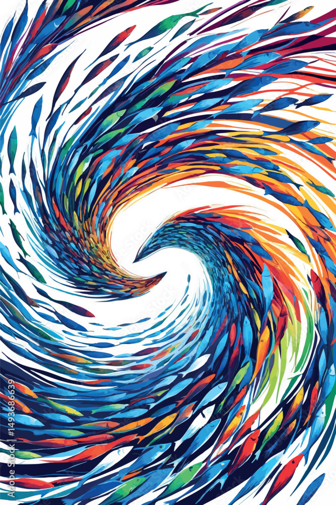 Aufkleber abstract fish swarm forming vortex – dynamic multicolor vector design