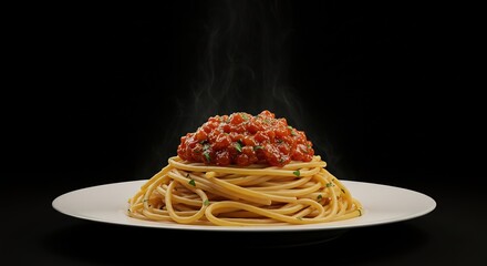 A plate of spaghetti with tomato sauce and black background