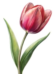 Fototapeta premium Elegant Tulip Flower Botanical Illustration with Red Petals and Green Leaves
