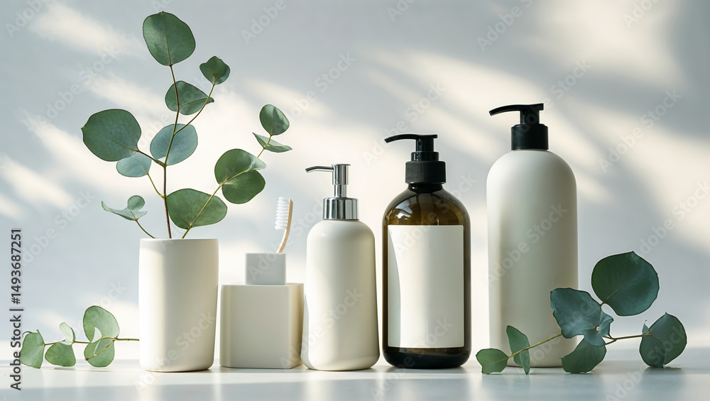 Poster elegant display of skincare products with greenery in a minimalistic setting for a calming atmospher