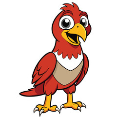 Happy cartoon red bird with large eyes stands smiling on a white backdrop