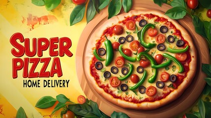 Colorful pizza image promoting home delivery service.