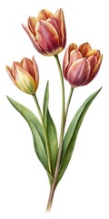 Watercolor Illustration of Three Beautiful Tulips in Full Bloom on White Background