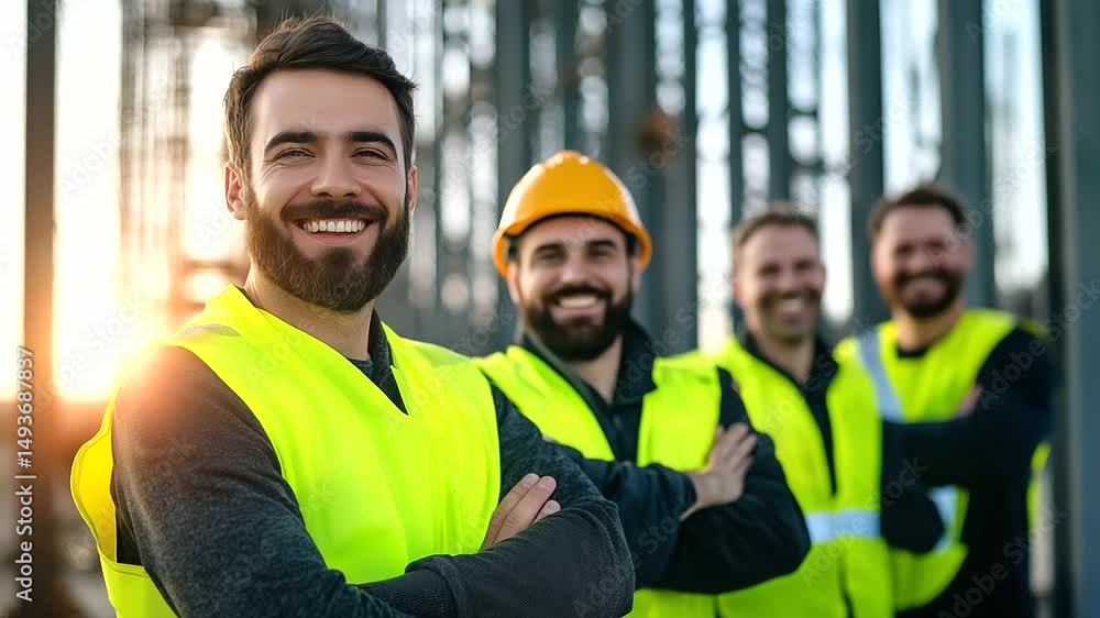 Poster smiling construction crew in reflective vests pose for a team photo in front of a rising steel frame