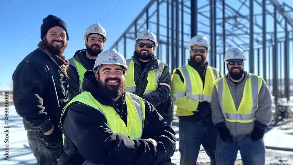 Poster smiling construction crew in reflective vests pose for a team photo in front of a rising steel frame