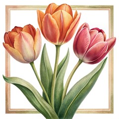 Fototapeta premium Watercolor Rendering of Three Tulips in Full Bloom Framed Elegantly