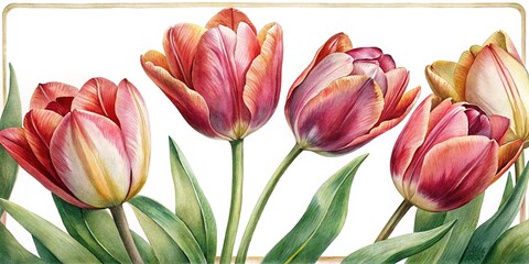 Fototapeta premium A Delicate Watercolor Painting of Beautiful Red Tulips in Full Bloom