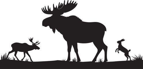 Wildlife Scene Silhouette Moose Deer and Hare in Natural Environment Black and White