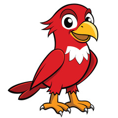 Red cartoon bird is standing and smiling broadly in a cheerful, bright manner