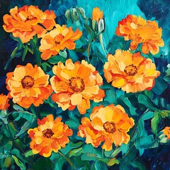 Vibrant orange blossoms in a teal background artwork.